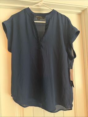 Cynthia Steffe Deep Navy V-Slit Cap Sleeve Blouse